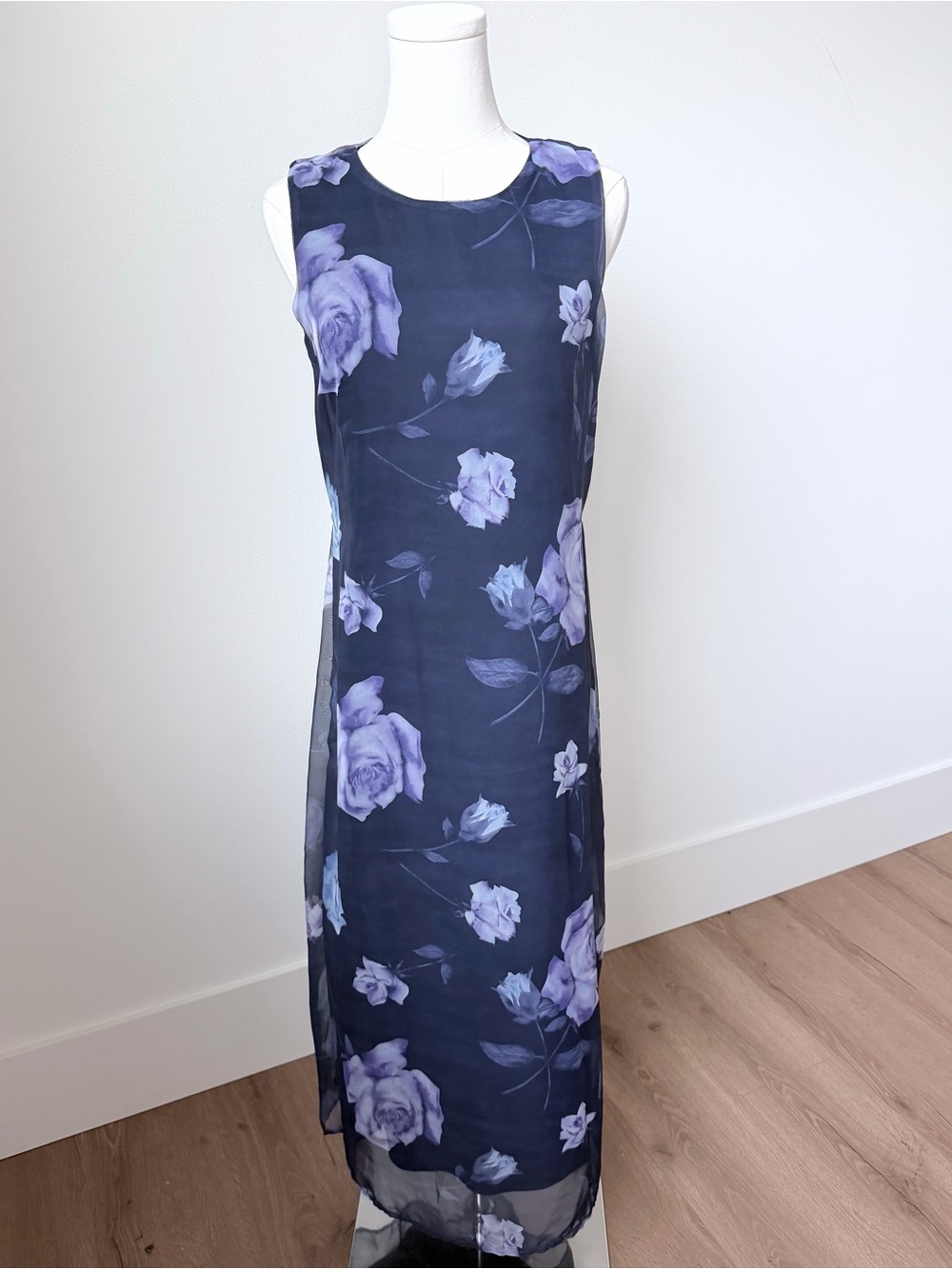 Vintage Navy Maxi Dress with Lavender Rose Print